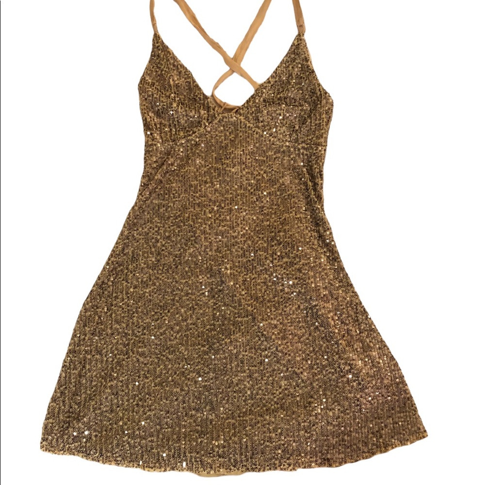 Vintage Gold Sequin Adjustable Straps Open Back V-Neck Dress